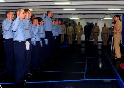 US Navy 090508-N-6233C-059 Sailors from the reactor department reenlist in the forecastle the aircraft carrier USS George Washington (CVN 73)