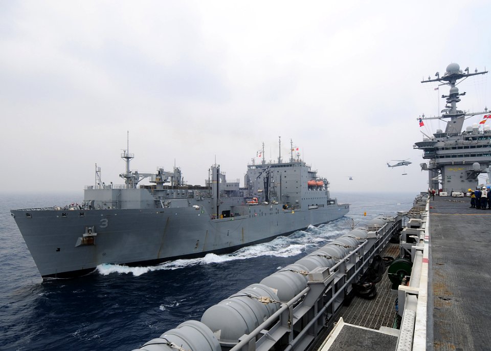 US Navy 090511-N-1062H-065 PACIFIC OCEAN (May 11, 2009) Sailors aboard the Military Sealift Command dry cargo-ammunition ship USNS Alan Shepard (T-AKE 3) transfer ammunition to the aircraft carrier USS George Washington (CVN 73