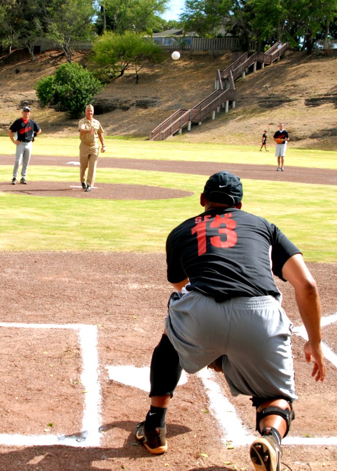 US Navy 090513-N-5476H-027 Rear Adm. Joseph Walsh, deputy commander, U.S. Pacific Fleet, throws out the first pitch before a softball game
