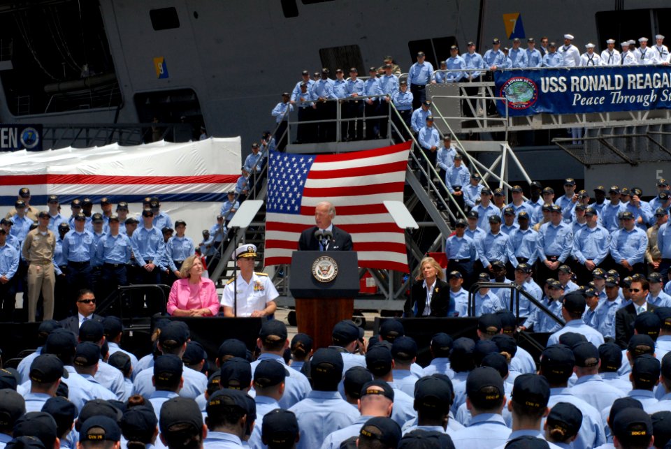 US Navy 090514-N-2344B-204 Vice President Joe Biden addresses the crew of the Nimitz-class aircraft carrier USS Ronald Reagan (CVN 76)