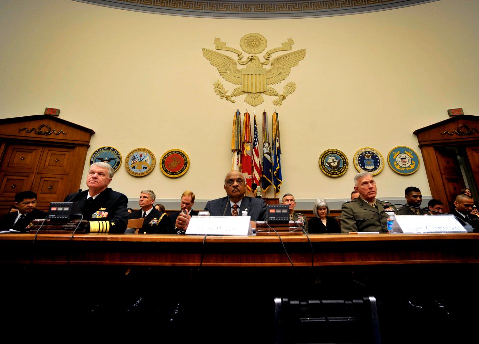 US Navy 090514-N-8273J-040 Chief of Naval Operations, Adm. Gary Roughead, Acting Secretary of the Navy the Honorable BJ Penn and Commandant of the Marine Corps, Gen. James T. Conway testify before members of the House Armed Ser