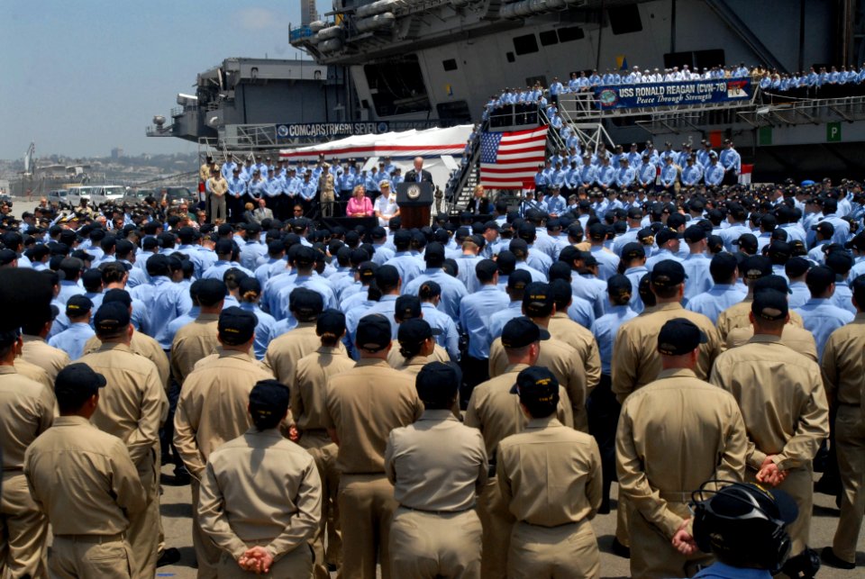 US Navy 090514-N-2344B-143 Vice President Joe Biden delivers a speech to the crew of the Nimitz-class aircraft carrier USS Ronald Reagan (CVN 76)