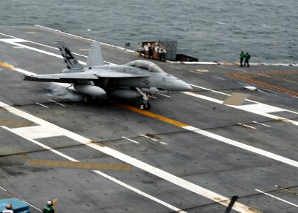 US Navy 090519-N-6125G-116 An F-A-18F Super Hornet assigned to Air Test and Evaluation Squadron (VX) 23 makes the first arrested landing aboard the aircraft carrier USS George H.W. Bush (CVN 77)