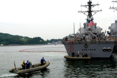 US Navy 090519-N-9123L-002 A small boat crew assigned to the guided-missile destroyer USS Stethem (DDG 63) approaches the ship after completing small boat operations
