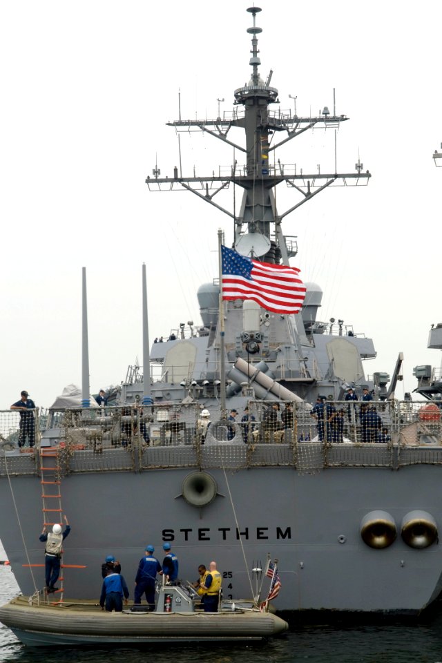 US Navy 090519-N-9123L-003 A small boat crew assigned to the guided-missile destroyer USS Stethem (DDG 63) boards the ship after successfully completing small boat operations