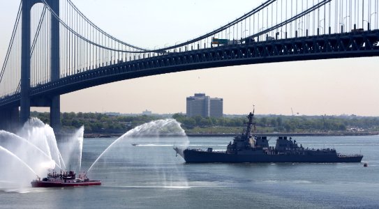 US Navy 090520-N-4936C-078 The guided-missile destroyer USS Roosevelt (DDG 80) sails under the Verranzo Bridge during the Parade of Ships, kicking off New York Fleet Week 2009. Approximately 3,000 Sailors, Marines and Coast Gua photo