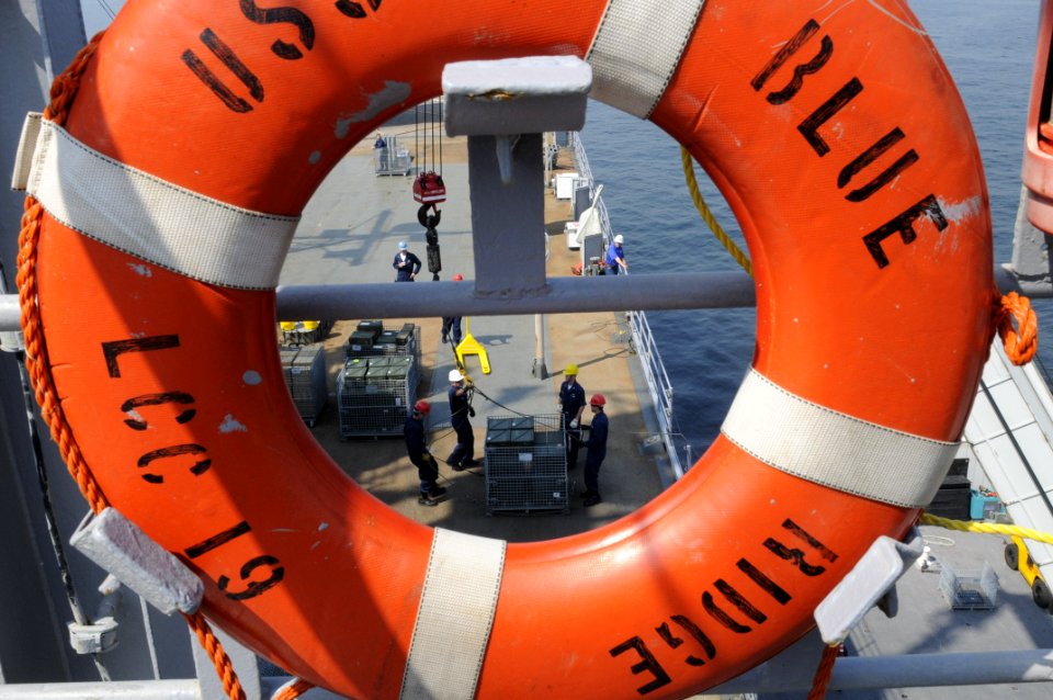 US Navy 090520-N-7478G-229 Sailors assigned to the amphibious command ship USS Blue Ridge (LCC 19) transfer a crate of ammunition to the Navy Munitions