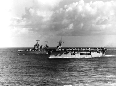 USS Brooklyn (CL-40) and USS Suwannee (CVE-27) underway in the Atlantic Ocean, in early November 1942 (80-G-30228)
