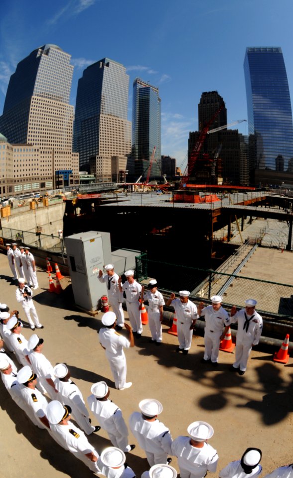 US Navy 090522-N-8907D-102 Sailors participating in Fleet Week New York 2009 are sworn in by Vice Adm. Mel Williams, Jr., commander, 2nd Fleet, during a reenlistment ceremony at the World Trade Center Site