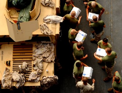 US Navy 090523-N-5345W-230 Marines from the 22nd Marine Expeditionary Unit (22 MEU) form an assembly line to help transfer stores from the flight deck after they were delivered to the amphibious dock landing ship USS Fort McHen