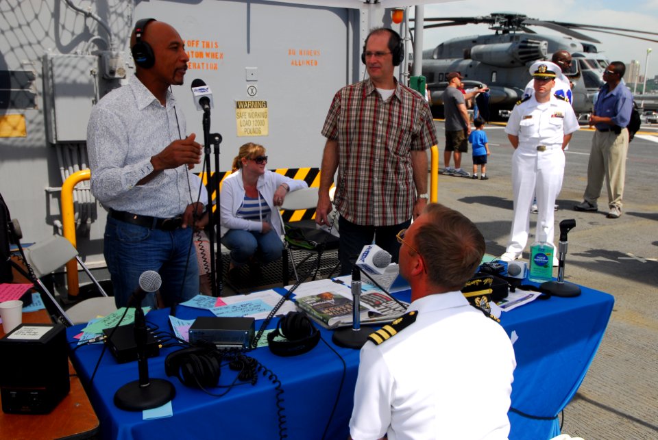 US Navy 090522-N-5681S-024 Talk show host Montel Williams interviews Sailors aboard the amphibious assault ship USS Iwo Jima (LHD 7) during a live radio broadcast durring Fleet Week New York City 2009