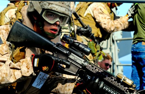 US Navy 090526-N-5345W-158 A member of the visit, board, search and seizure team assigned to the 22nd Marine Expeditionary Unit (22 MEU) conducts a non-compliant merchant vessel drill