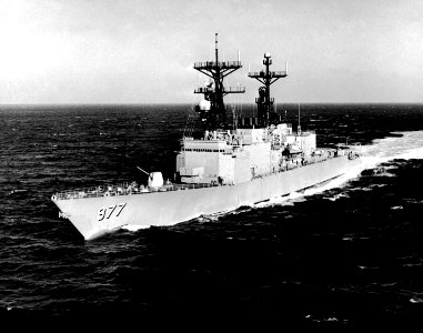 USS Briscoe (DD-977) aerial port bow view underway