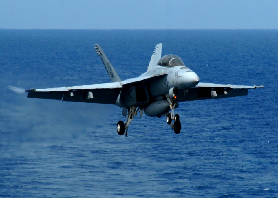 US Navy 090525-N-6125G-044 An F-A-18F Super Hornet assigned to Fighter Attack Squadron 11 (VFA 11) comes in for an arrested landing aboard the aircraft carrier USS George H.W. Bush (CVN 77)