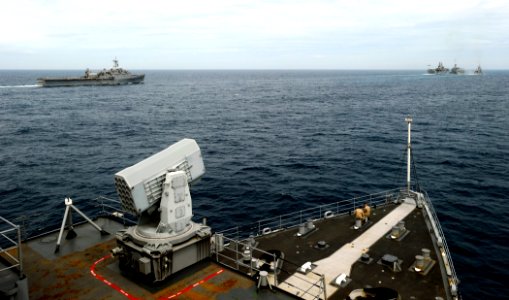 US Navy 090523-N-5345W-106 The amphibious dock landing ship USS Fort McHenry (LSD 43), foreground, steams alongside the amphibious transport dock ship USS Ponce (LPD 15) while waiting for the amphibious assault ship USS Bataan