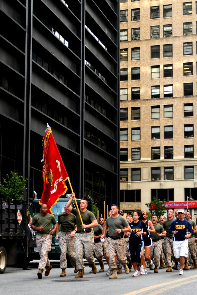 US Navy 090526-N-8907D-005 Marines from the 24th Marine Expeditionary Unit run along Liberty Street during the annual United States Marine Corps World Trade Center Run during Fleet Week New York City 2009