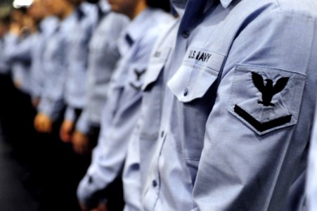 US Navy 090525-N-0684R-011 Newly selected 3rd Class Petty Officers stand in formation prior to a frocking ceremony in the hangar bay of the aircraft carrier USS John C. Stennis (CVN 74)