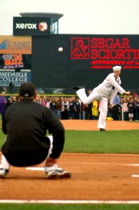 US Navy 090526-N-7975R-012 Operations Specialist 2nd Class Andrew Hahn, assigned to Pre-Commissioning Unit (PCU) New York (LPD-21), throws out the ceremonial first pitch at Frontier Field before a Rochester Red Wings game photo