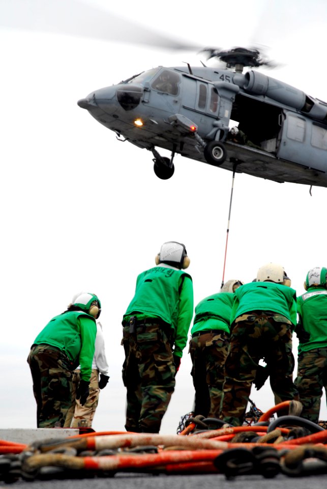 US Navy 090530-N-4053P-027 Sailors assigned to the Supply Department of the aircraft carrier USS Nimitz (CVN 68) brace themselves as an SH-60F Seahawk helicopter