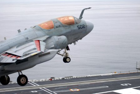 US Navy 090528-N-9132C-055 An EA-6B Prowler assigned to the Cougars of Tactical Electronic Warfare Squadron (VAQ) 139 is waved off just before landing aboard the aircraft carrier USS Ronald Reagan (CVN 76)