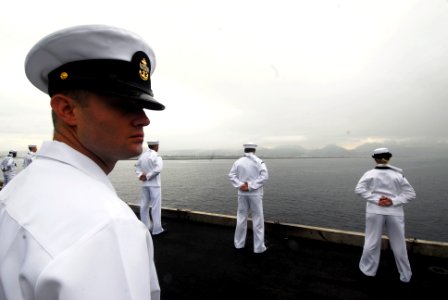 US Navy 090528-N-6538W-019 Chief Aviation Boatswain's Mate Handling Caleb McDonald, from Westminster, Iowa, stands at parade rest while manning the rails on the flight deck of the aircraft carrier USS John C. Stennis (CVN 74)