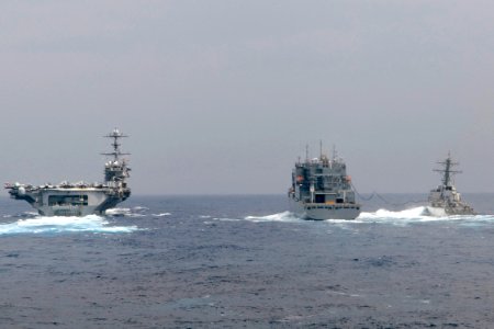 US Navy 090529-N-9123L-069 The aircraft carrier USS George Washington (CVN-73), left, is underway alongside the Military Sealift Command fleet replenishment oiler USNS Richard E. Byrd (T-AKE 4) as Byrd conducts refueling at sea