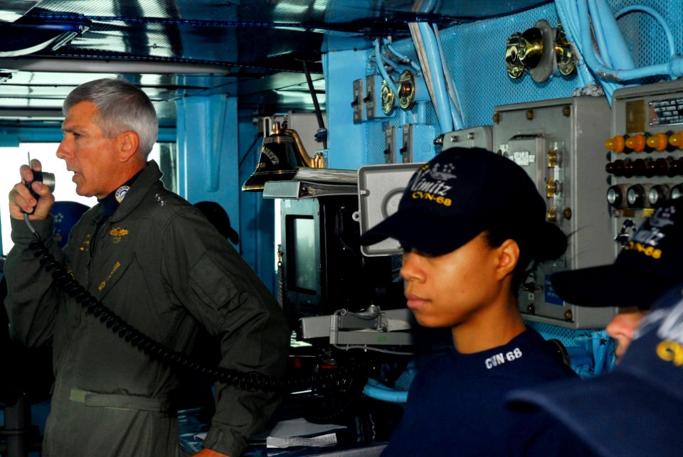 US Navy 090601-N-4053P-059 Vice Adm. Samuel Locklear, commander, U.S. 3rd Fleet, addresses the crew of the aircraft carrier USS Nimitz (CVN 68)