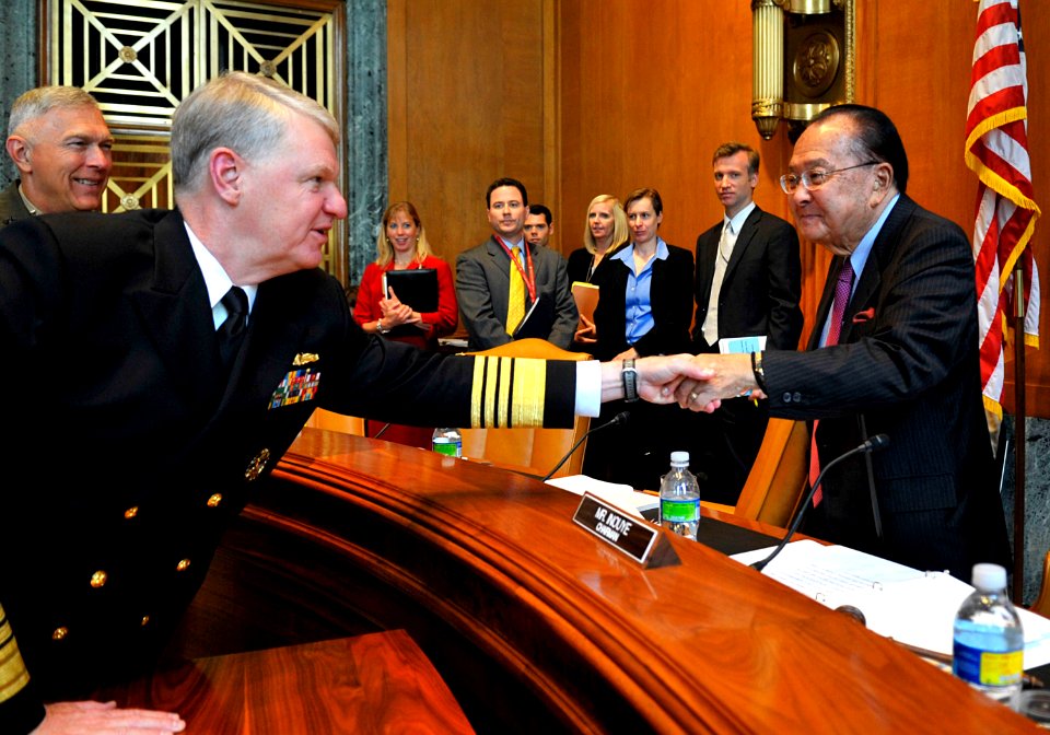 US Navy 090602-N-8273J-065 Chief of Naval Operations (CNO) Adm. Gary Roughead shakes hands with Sen. Daniel Inouye