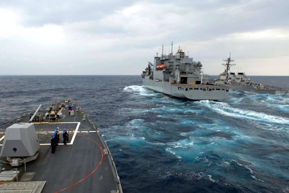US Navy 090529-N-9123L-113 Sailors aboard the guided-missile destroyer USS McCampbell (DDG 85) stand by as the ship comes alongside the Military Sealift Command fleet replenishment oiler USNS Richard E. Byrd (T-AKE 4)