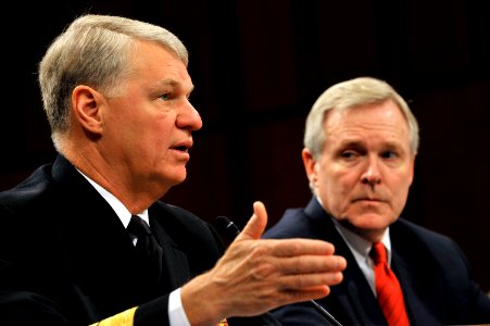 US Navy 090604-N-8273J-043 Chief of Naval Operations (CNO) Adm. Gary Roughead, left, along with Secretary of the Navy (SECNAV) the Honorable Ray Mabus testify before the Senate Armed Services Committee