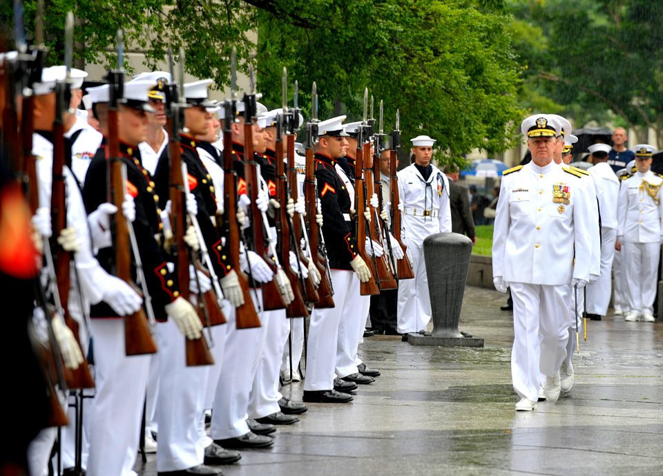 US Navy 090604-N-8273J-118 Chief of Naval Operations (CNO) Adm. Gary Roughead inspects members of the Navy and Marine Corps ceremonial guard during the Battle of Midway Commemoration Ceremony at the Navy Memorial in Washington