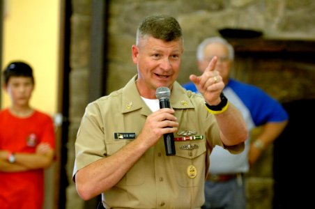 US Navy 090609-N-9818V-270 Master Chief Petty Officer of the Navy (MCPON) Rick West speaks with boy scouts at the Skymont Boy Scout Camp photo