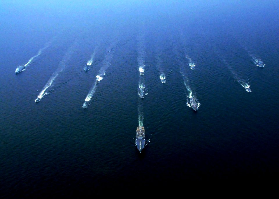 US Navy 090609-N-0450C-001 urface units from Denmark, Sweden, Germany, England, and the U.S. take station behind the amphibious command ship USS Mount Whitney (LCC 20) during exercise Baltic Operations (BALTOPS) 2009