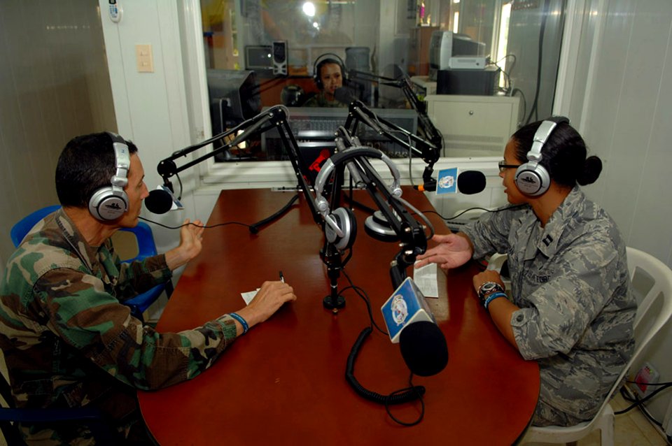 US Navy 090611-F-1333S-002 Air Force Capt. Andrea Beltran and Air Force Maj. Efrain Delvalle was invited to the Colombian Military Radio Station to speak on behalf of all members of Continuing Promise 2009