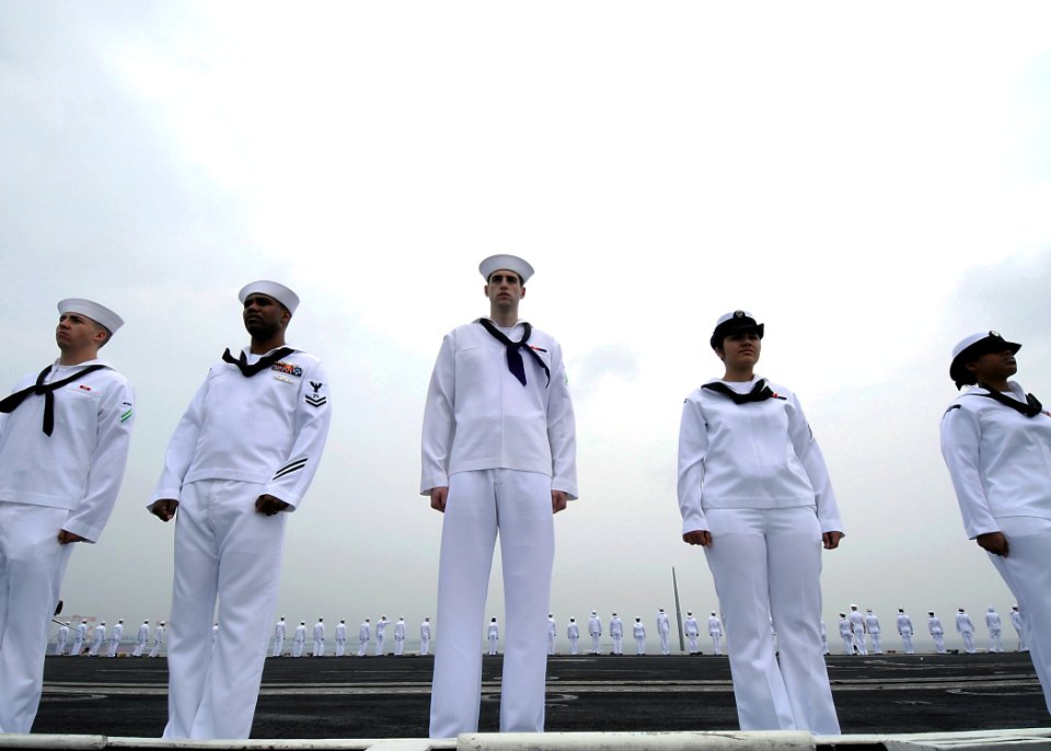 US Navy 090610-N-1062H-083 Sailors man the rails aboard the aircraft carrier USS George Washington (CVN 73) as the ship departs on her first summer deployment since arriving at Fleet Activities Yokosuka, Japan
