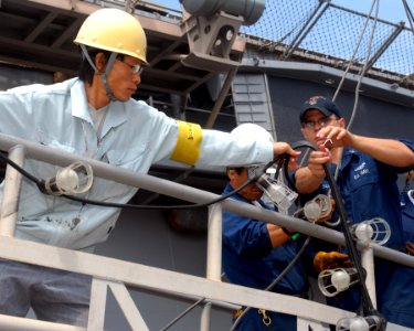 US Navy 090611-N-5215E-083 Aviation Boatswain's Mate 3rd Class Thomas Jackson and a civilian port worker take down the brow in preparation for getting underway.