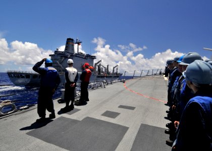 US Navy 090613-N-2638R-001 Sailors aboard the Arleigh Burke-class guided-missile destroyer USS Mustin (DDG 89) stand in ranks as the ship approaches the Military Sealift Command fleet replenishment oiler USNS John Ericsson (T-A