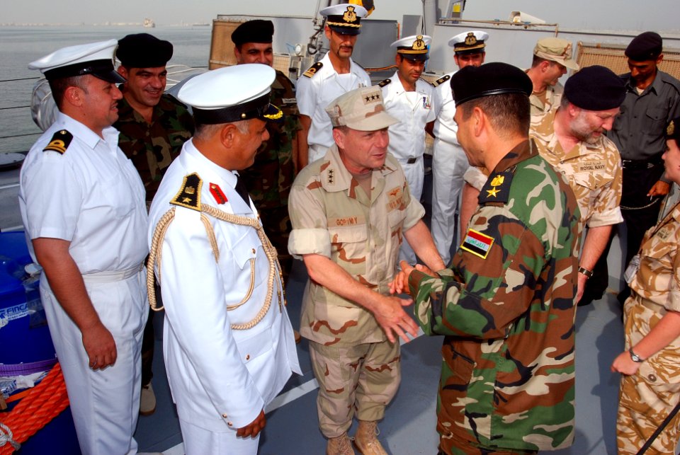 US Navy 090614-N-0803S-002 Vice Adm. Bill Gortney, commander, U.S. Naval Forces Central Command, speaks to an Iraqi officer during a visit to the Iraqi Navy flagship Fatah