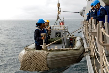 US Navy 090617-N-9123L-160 Sailors aboard the guided-missile destroyer USS McCampbell (DDG 85) recover a rigid hull inflatable boat after completing a personnel transfer off the coast of Okinawa, Japan photo