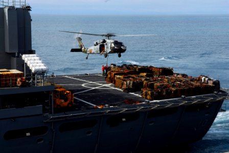 US Navy 090616-N-2475A-106 An MH-60S Sea Hawk from the Eightballers of Helicopter Sea Combat Squadron (HSC) 8 hovers over the flight deck of USNS Bridge (T-AOE 10) to pick up pallets of supplies for transfer