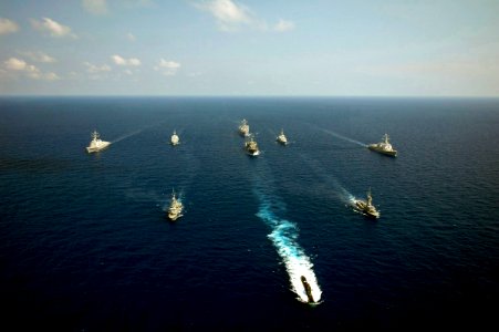 US Navy 090615-N-0000X-318 Republic of Singapore Navy and U.S. Navy ships maneuver together during during the at-sea phase of Cooperation Afloat Readiness and Training (CARAT) 2009