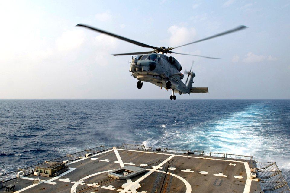 US Navy 090616-N-9123L-080 An SH-60B Sea Hawk helicopter assigned to the Warlords of Anti-submarine Squadron Light (HSL) 51, prepares to land aboard the guided-missile destroyer USS McCampbell (DDG 85)