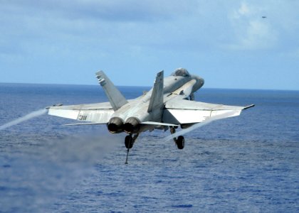 US Navy 090617-N-1644H-137 An F-A-18C Hornet assigned to the Golden Dragons of Strike Fighter Squadron (VFA) 192 performs a low pass near the aircraft carrier USS George Washington (CVN 73)