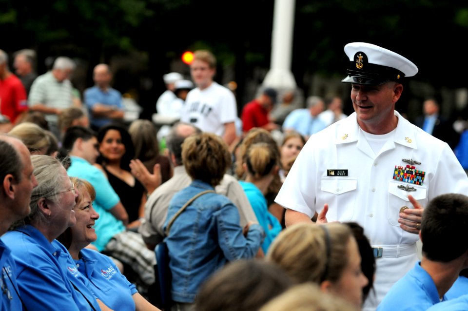 US Navy 090616-N-9818V-148 Master Chief Petty Officer of the Navy (MCPON) Rick West speaks with members of the audience at the U.S. Navy Memorial before a free summer Concert on the Avenue performance
