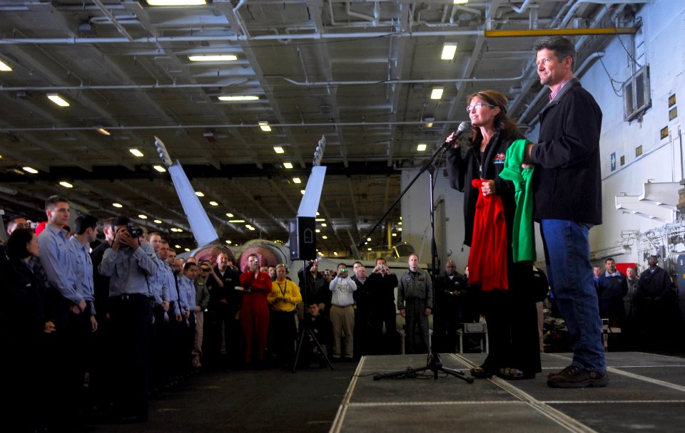 US Navy 090622-N-2475A-160 Alaska Gov. Sarah Palin and husband Todd Palin greet the crew of the aircraft carrier USS John C. Stennis (CVN 74) during an informal address in hangar bay two