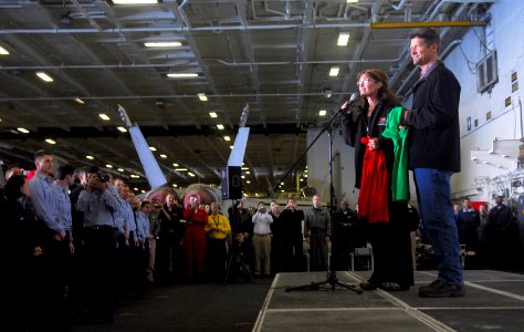 US Navy 090622-N-2475A-160 Alaska Gov. Sarah Palin and husband Todd Palin greet the crew of the aircraft carrier USS John C. Stennis (CVN 74) during an informal address in hangar bay two