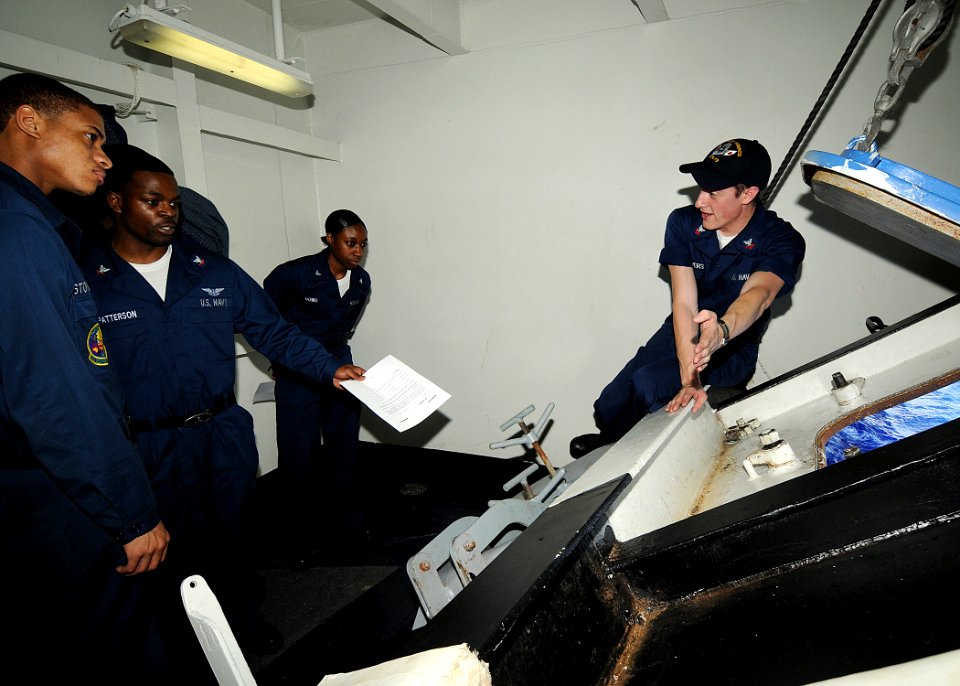 US Navy 090617-N-1062H-023 Boatswain's Mate 2nd Class Elliot Powers, assigned to the deck department of the aircraft carrier USS George Washington (CVN 73), instructs junior Sailors on the responsibilities of standing anchor wa