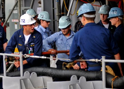 US Navy 090618-N-1229B-070 Damage Controlman Chief Patrick Buckley of Bellingham, Wash. instructs Sailors of aircraft carrier USS Abraham Lincoln (CVN 72) firefighting techniques during training stations photo