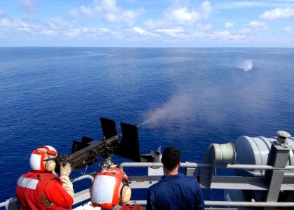 US Navy 090623-N-6720T-103 Aviation Ordnanceman 3rd Class Eric Burton, assigned to the Weapons department, G-3 division, aboard the aircraft carrier USS George Washington (CVN 73), fires a .50 caliber machine gun