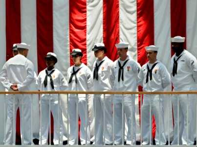 US Navy 090626-N-5328N-028 Center for Information Dominance (CID) Corry Station Sailors man the rails of the second deck at the National Museum of Naval Aviation at Naval Air Station Pensacola during a change of command ceremon